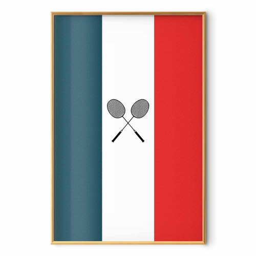 Plakat med fransk flag og sorte badmintonketsjere