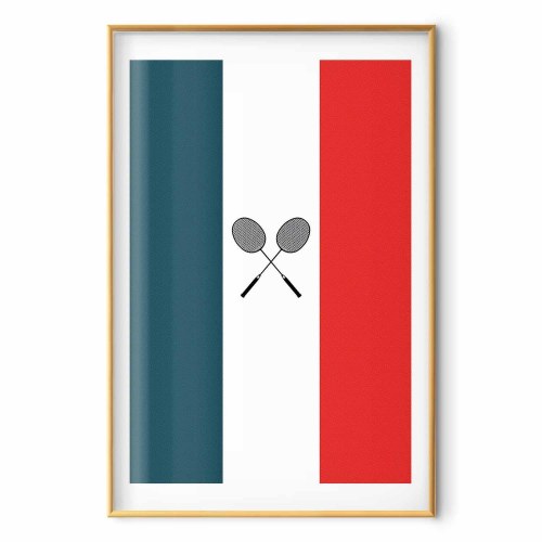 Plakat med fransk flag og sorte badmintonketsjere