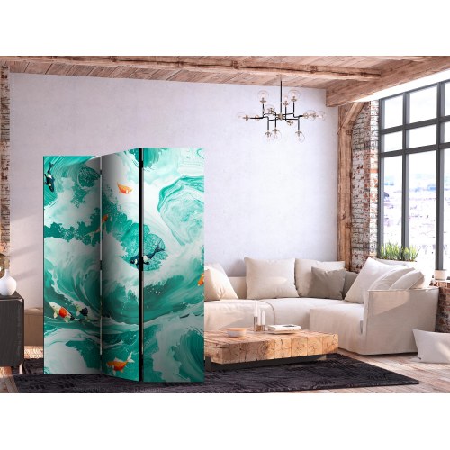 3-panels skærmvæg med koi-fisk blandt bølger i turkis og hvid 135 x 172 cm