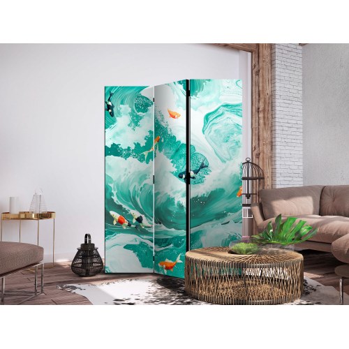 3-panels skærmvæg med koi-fisk blandt bølger i turkis og hvid 135 x 172 cm