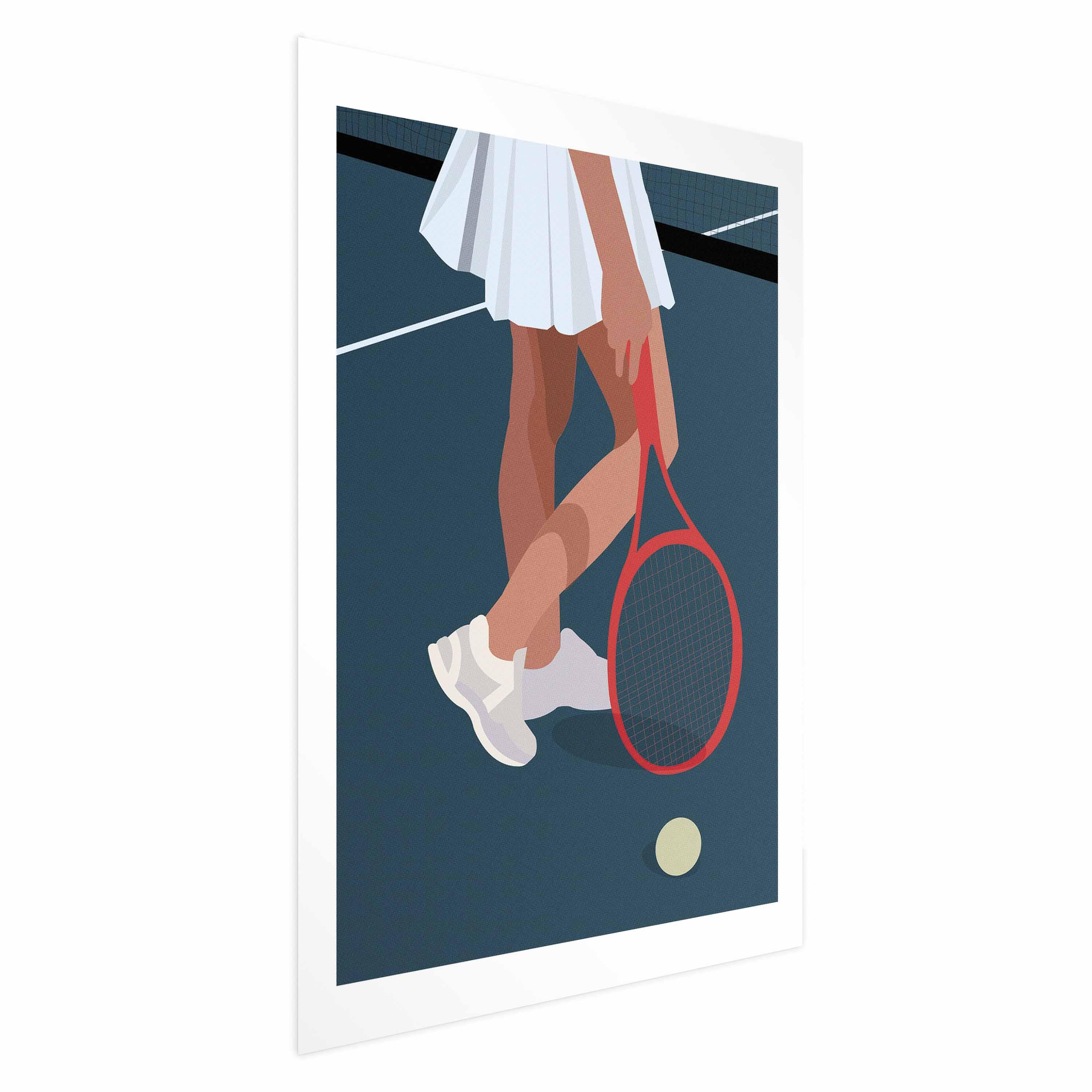 Plakat med tennisspiller og rød ketsjer på banen - illustration