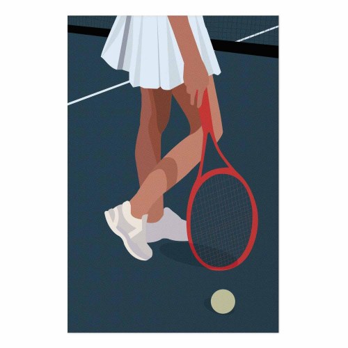 Plakat med tennisspiller og rød ketsjer på banen - illustration