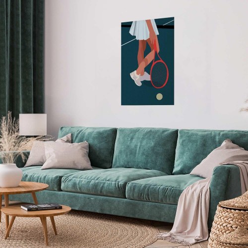 Plakat med tennisspiller og rød ketsjer på banen - illustration