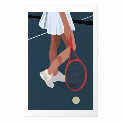 Plakat med tennisspiller og rød ketsjer på banen - illustration