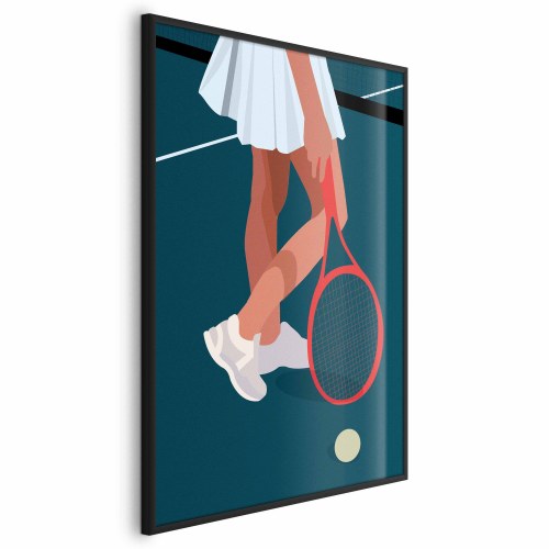 Plakat med tennisspiller og rød ketsjer på banen - illustration