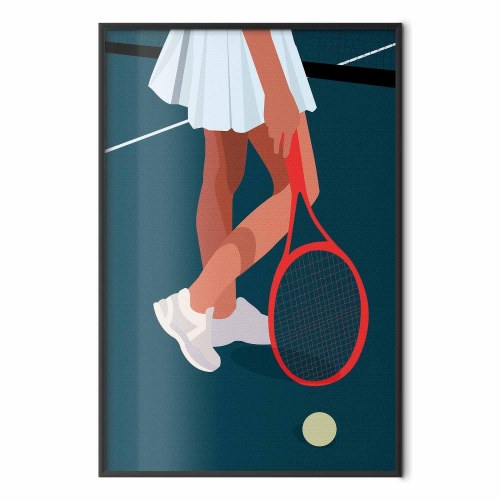 Plakat med tennisspiller og rød ketsjer på banen - illustration