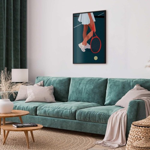 Plakat med tennisspiller og rød ketsjer på banen - illustration