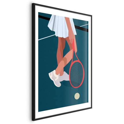 Plakat med tennisspiller og rød ketsjer på banen - illustration