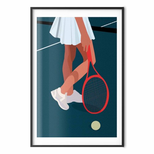 Plakat med tennisspiller og rød ketsjer på banen - illustration