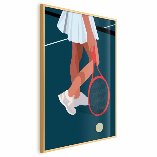Plakat med tennisspiller og rød ketsjer på banen - illustration