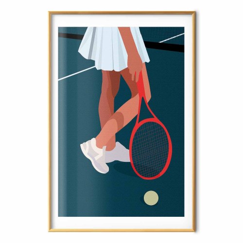 Plakat med tennisspiller og rød ketsjer på banen - illustration