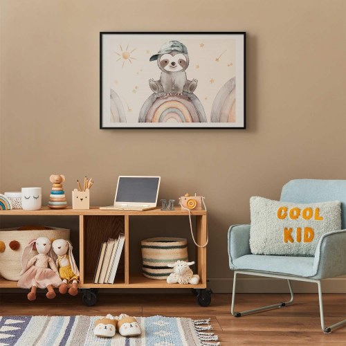 Børneplakat med dovendyr, stjerner og regnbuer
