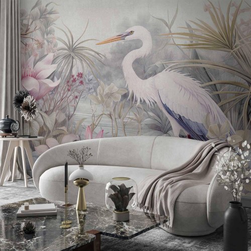 Fototapet med hejre i dam - illustration i lyse farver