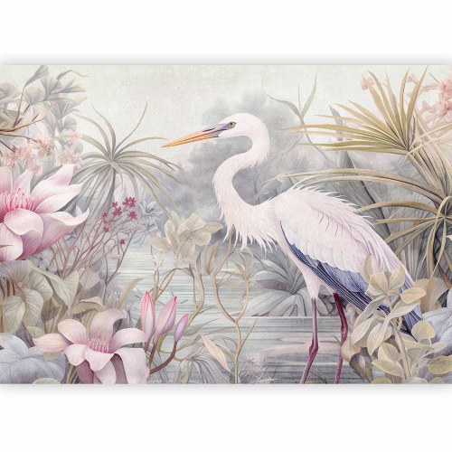 Fototapet med hejre i dam - illustration i lyse farver