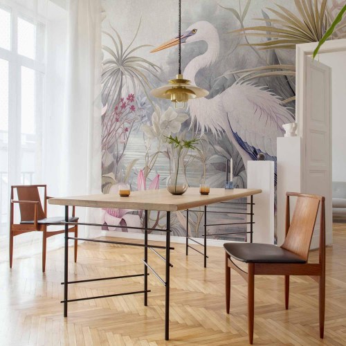 Fototapet med hejre i dam - illustration i lyse farver