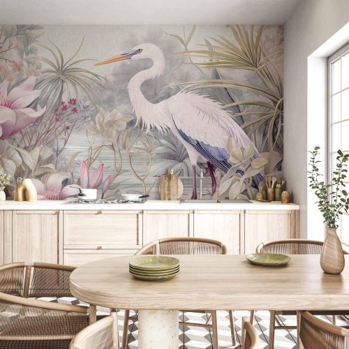 Fototapet med hejre i dam - illustration i lyse farver