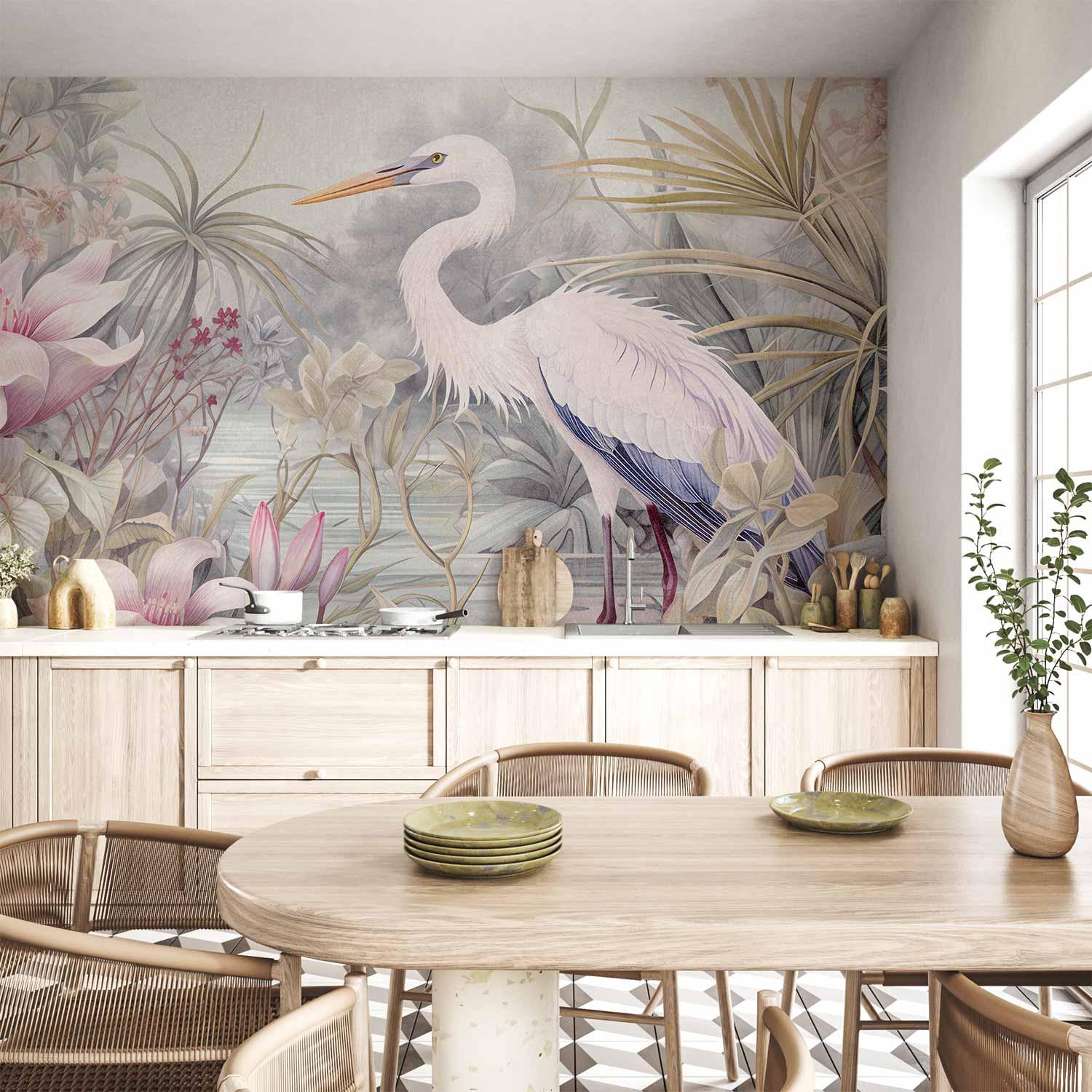 Fototapet med hejre i dam - illustration i lyse farver - 400 x 280 cm - Vandtæt