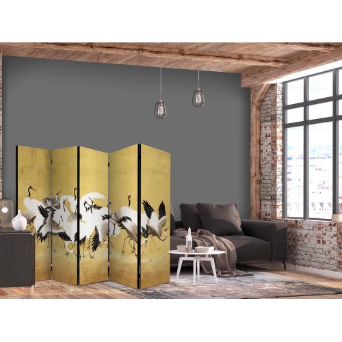 5-panels skærmvæg 225 x 172 cm - japanske traner på gylden baggrund
