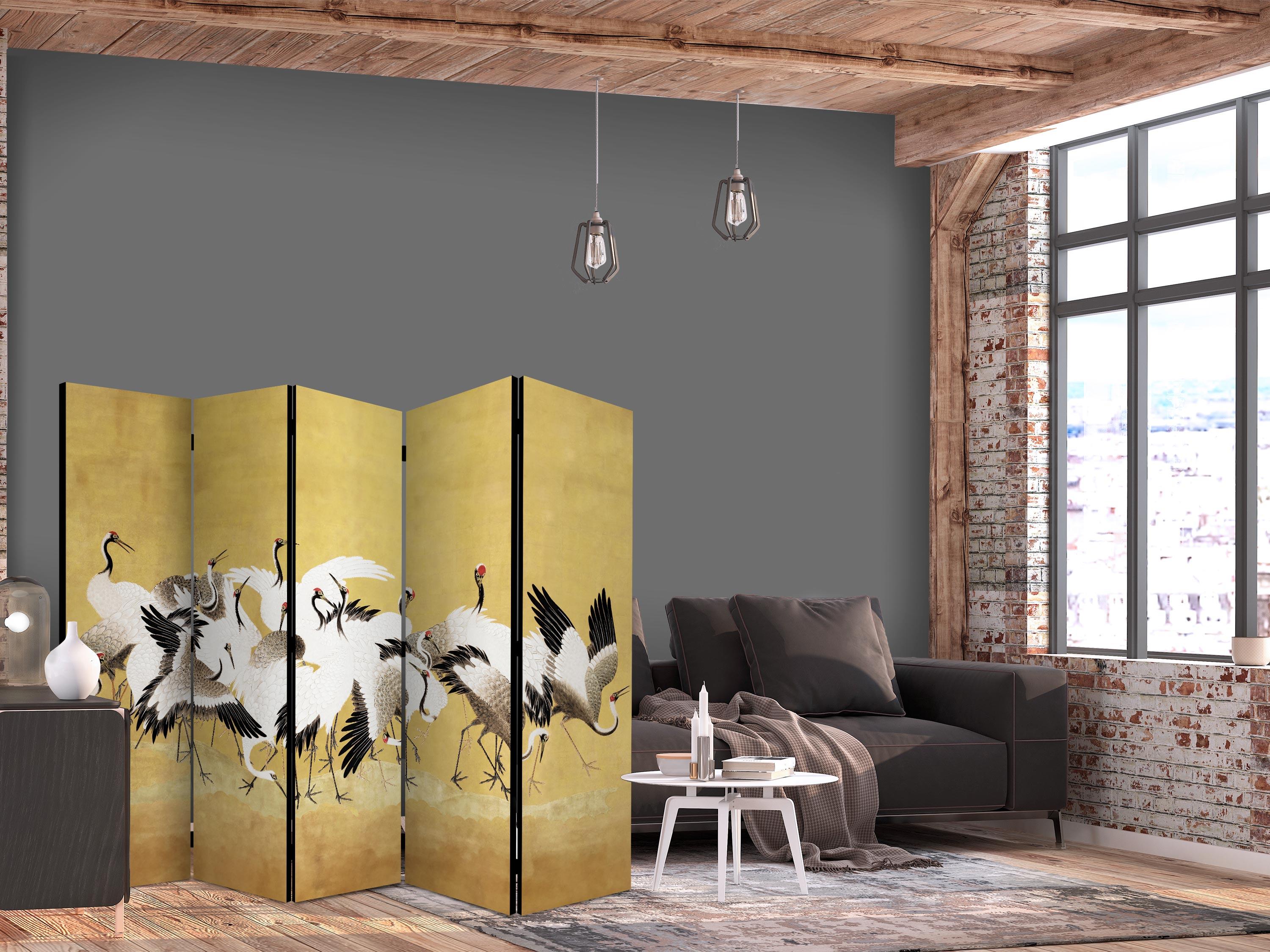 5-panels skærmvæg 225 x 172 cm - japanske traner på gylden baggrund