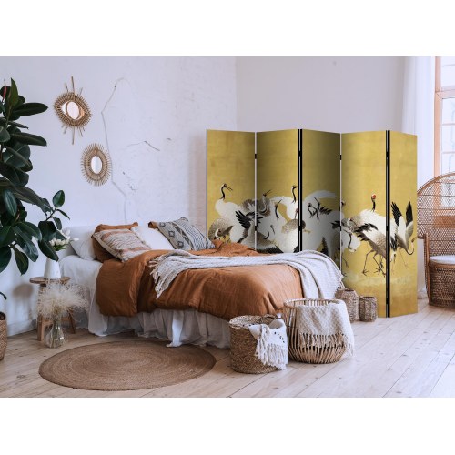 5-panels skærmvæg 225 x 172 cm - japanske traner på gylden baggrund