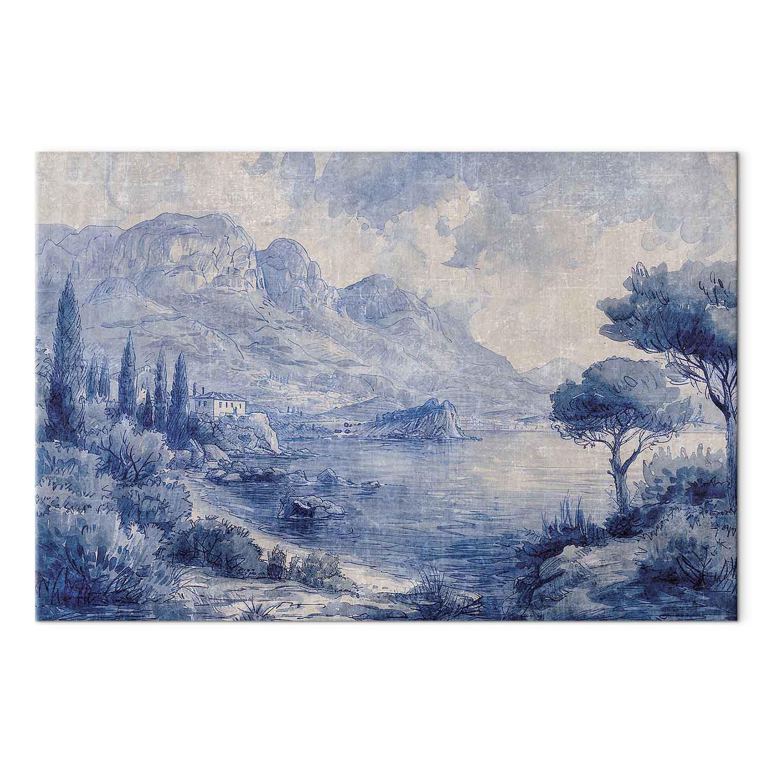 Lærredsbillede Blue Bay - italiensk landskab ved Comosøen malet med blå blæk - 90 x 60 cm - Akustisk