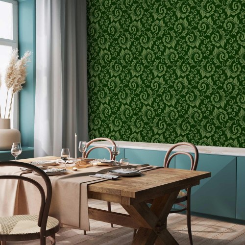 Tapet Evening Green - grønt ornamenttapet