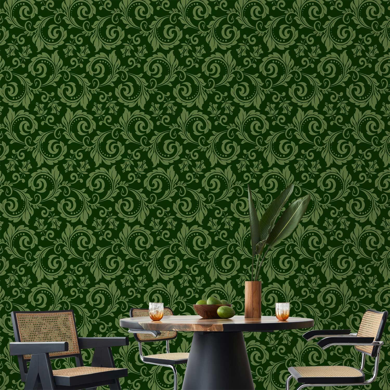 Tapet Evening Green - grønt ornamenttapet - 50 x 1000 cm - Vandtæt