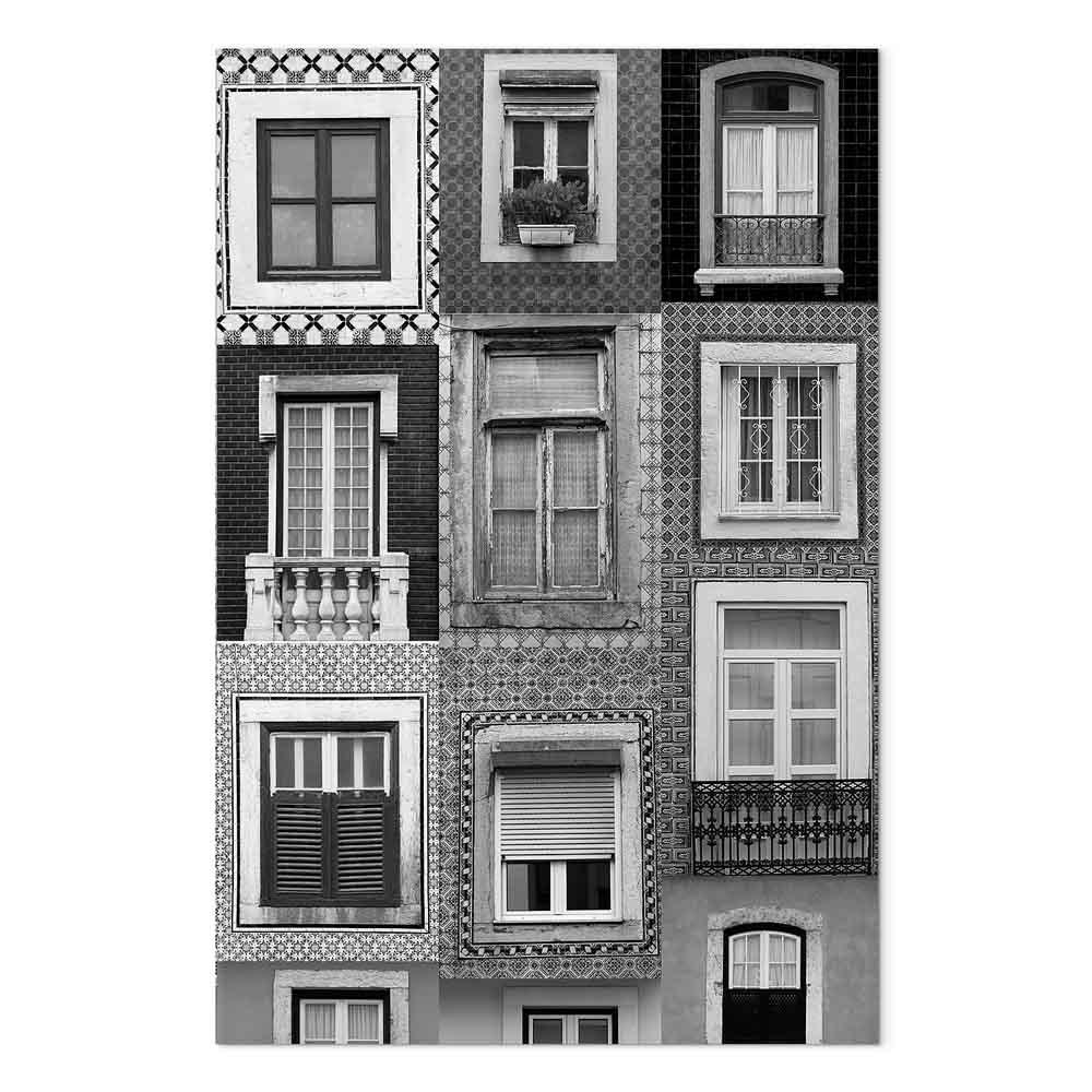 Lærredsbillede Mønstrede vinduer - vertikal vægdekoration med arkitekturmotiv - 80 x 120 cm - Akustisk