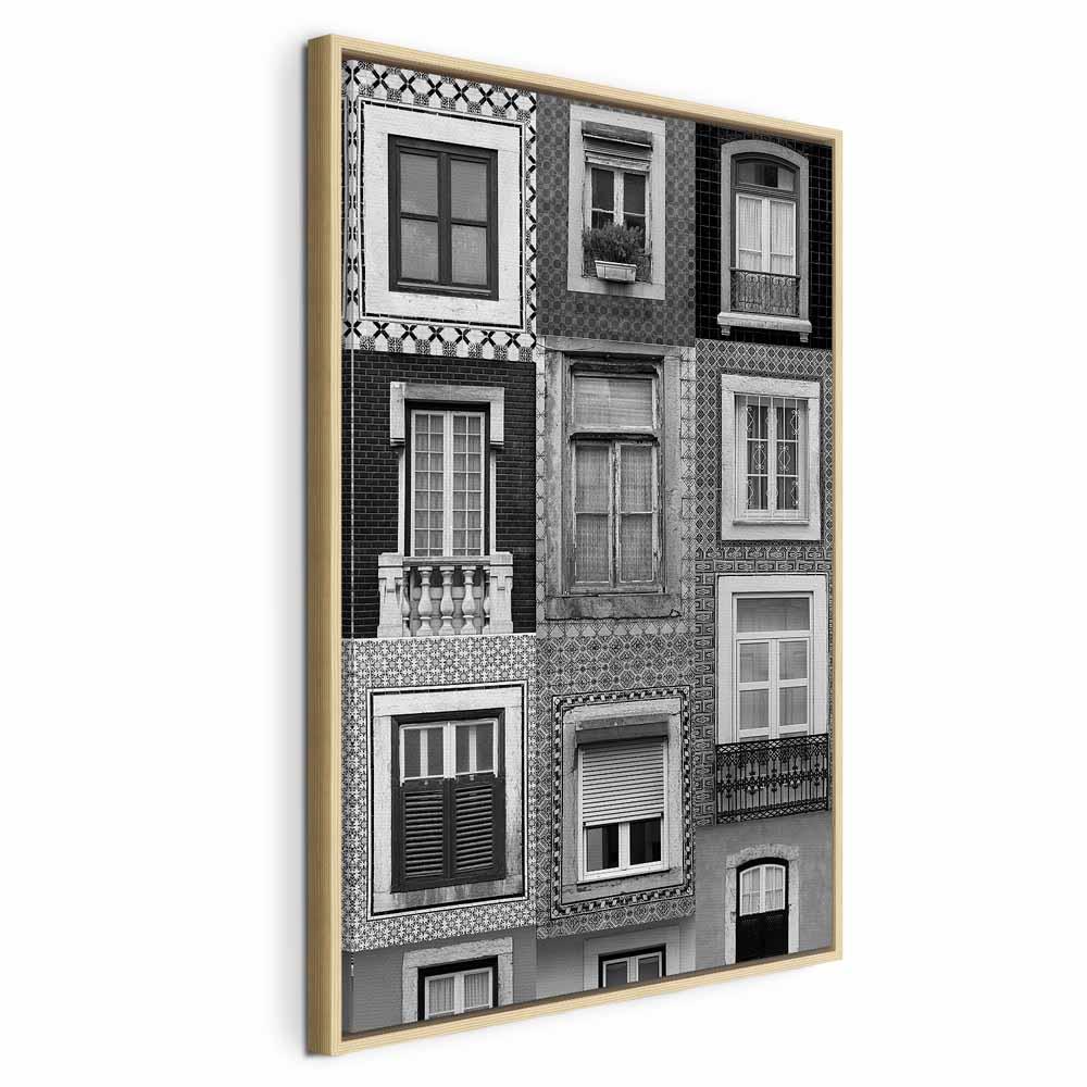 Lærredsbillede Mønstrede vinduer - vertikal vægdekoration med arkitekturmotiv - 80 x 120 cm - I en naturlig træramme