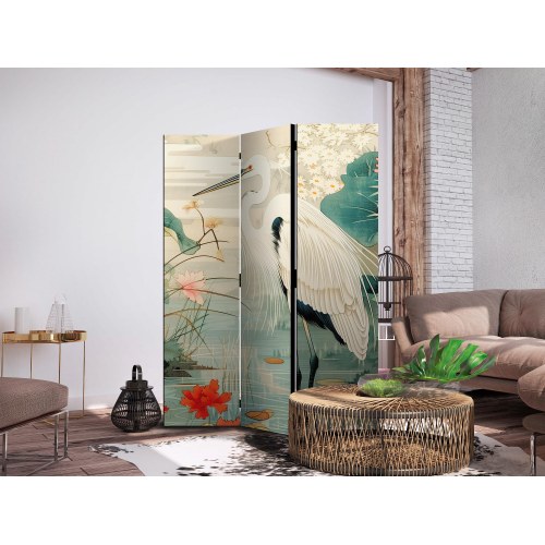 Skærmvæg med hejre ved asiatisk sø - japansk rumdeler 135 x 172 cm