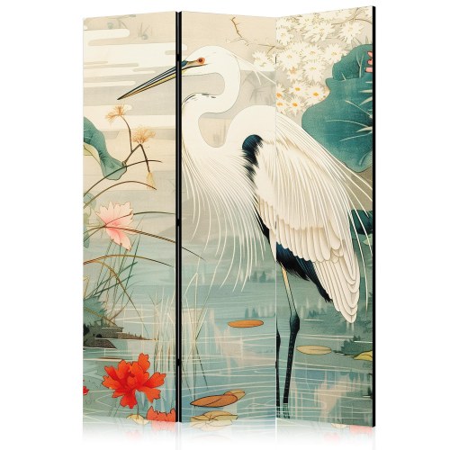 Skærmvæg med hejre ved asiatisk sø - japansk rumdeler 135 x 172 cm