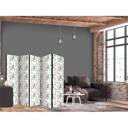 5-panels skærmvæg Peoner 225 x 172 cm - lyserøde og hvide blomster