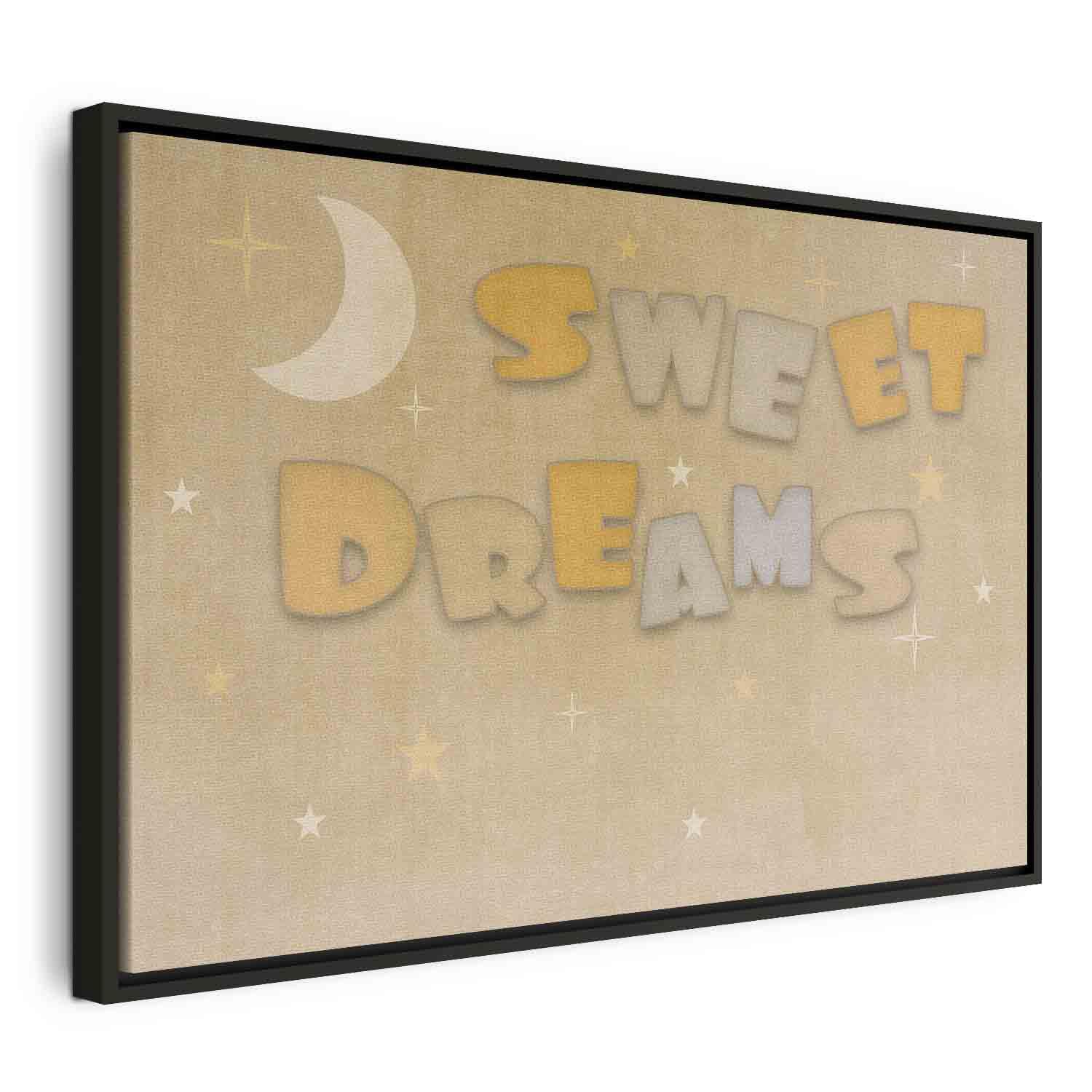 Lærredsbillede Sweet Dreams med måne og stjerner til børneværelse - 120 x 80 cm - I en sort træramme