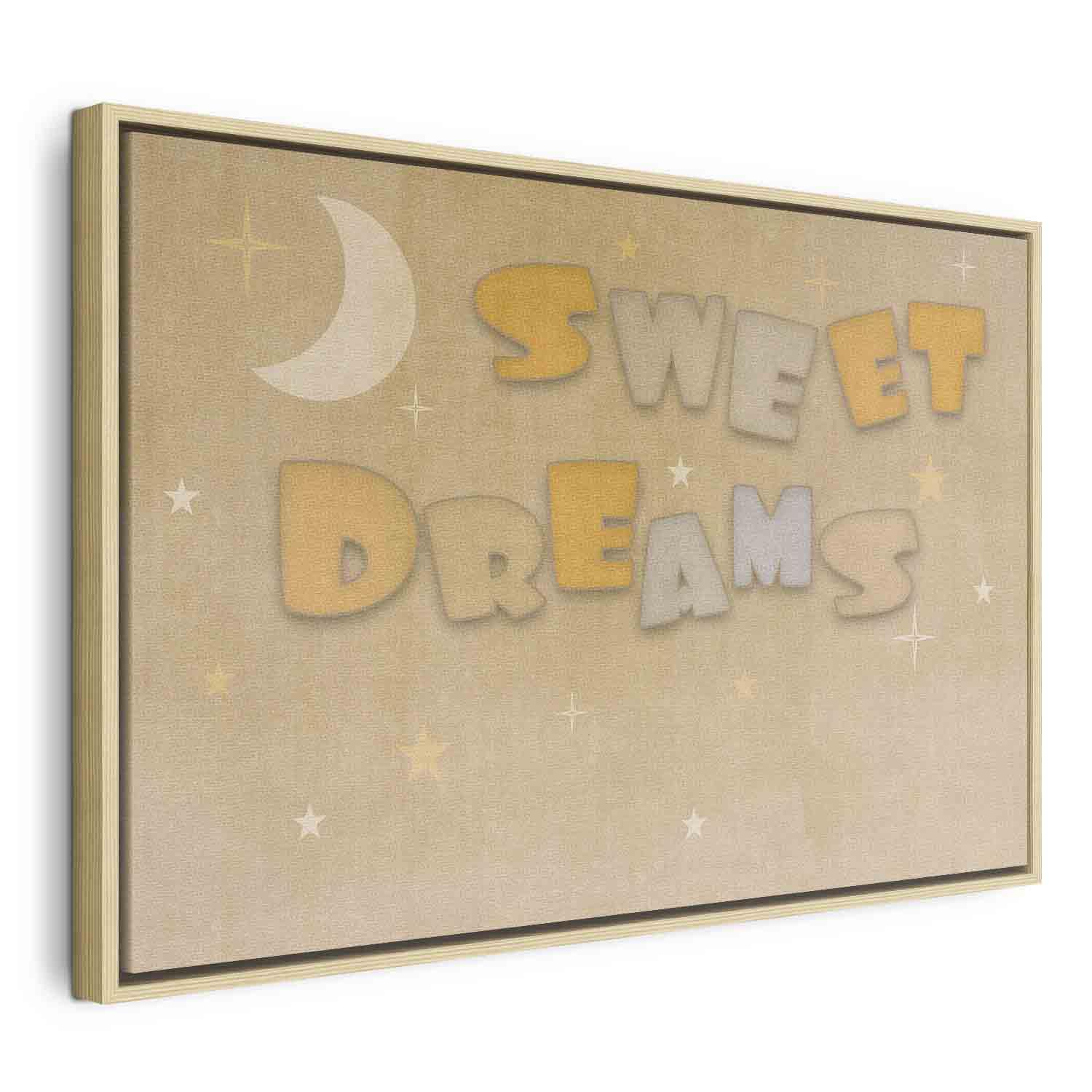 Lærredsbillede Sweet Dreams med måne og stjerner til børneværelse - 120 x 80 cm - I en naturlig træramme