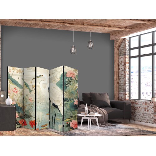 5-panels skærmvæg med hejre ved asiatisk dam - japansk inspireret rumdeler 225 × 172 cm
