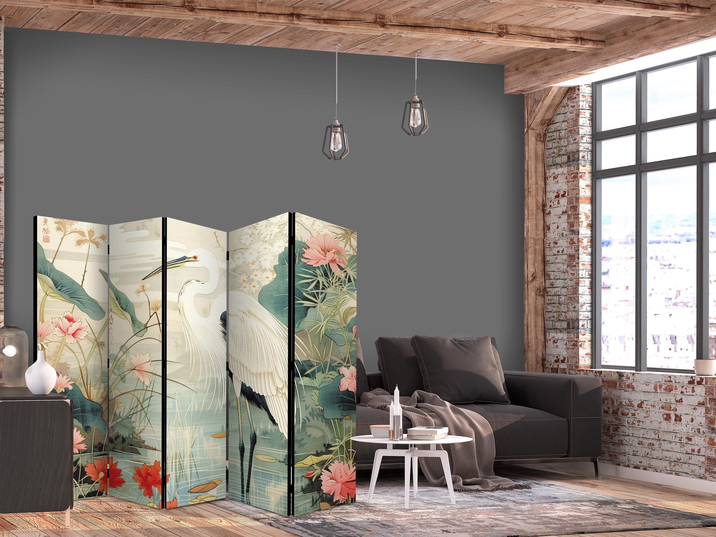 5-panels skærmvæg med hejre ved asiatisk dam - japansk inspireret rumdeler 225 × 172 cm
