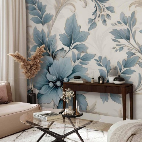 Fototapet med turkise blomster i retrostil - florale ornamenter