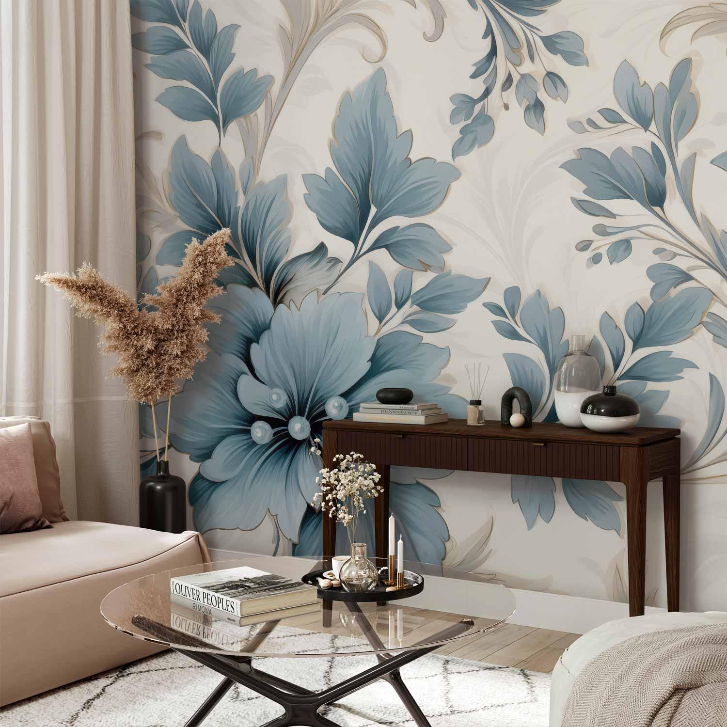 Fototapet med turkise blomster i retrostil - florale ornamenter
