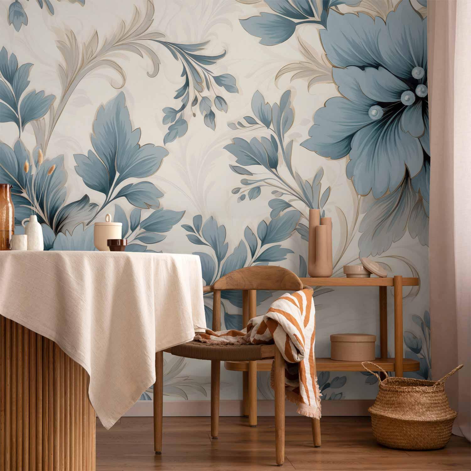 Fototapet med turkise blomster i retrostil - florale ornamenter - 400 x 280 cm - Vandtæt