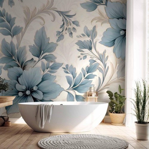 Fototapet med turkise blomster i retrostil - florale ornamenter