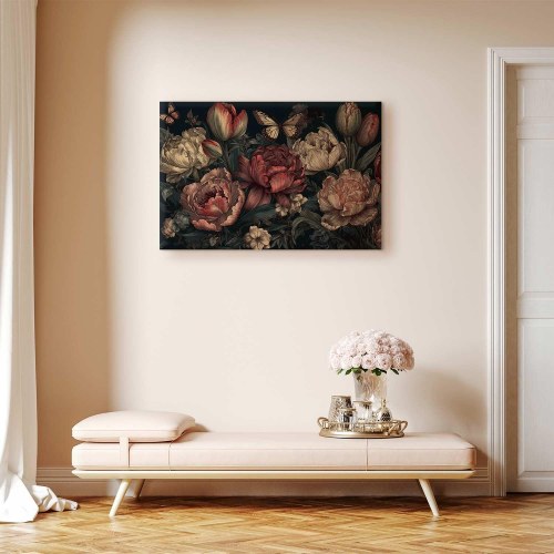 Billede på lærred med blomster på turkis baggrund 120 x 80 cm