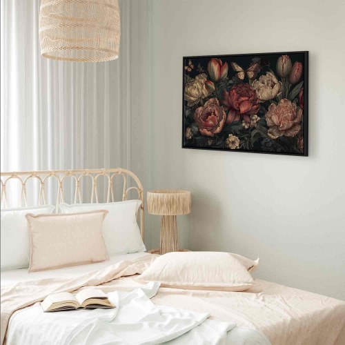 Billede på lærred med blomster på turkis baggrund 120 x 80 cm
