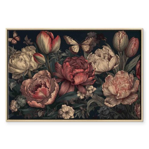 Billede på lærred med blomster på turkis baggrund 120 x 80 cm