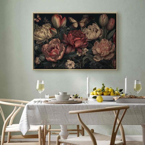 Billede på lærred med blomster på turkis baggrund 120 x 80 cm