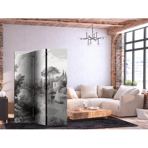 3-panels skærmvæg 135 x 172 cm - sort-hvidt vintage landskab