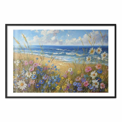Plakat med havlandskab og vilde blomster