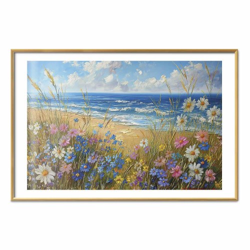 Plakat med havlandskab og vilde blomster