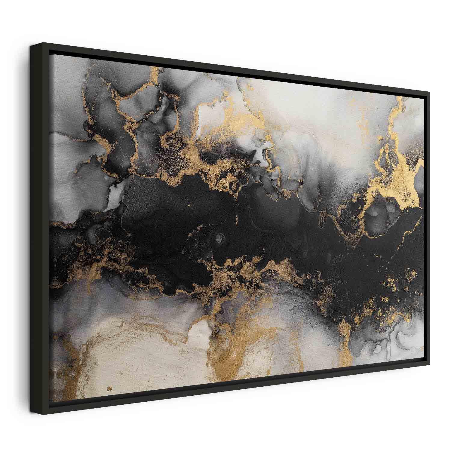 Lærredsbillede - Golden Explosions - abstrakt mønster inspireret af marmor - 120 x 80 cm - I en sort træramme