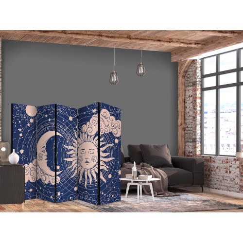 Skærmvæg Cosmic Harmony 225 x 172 cm - 5-panel rumdeler med sol og måne