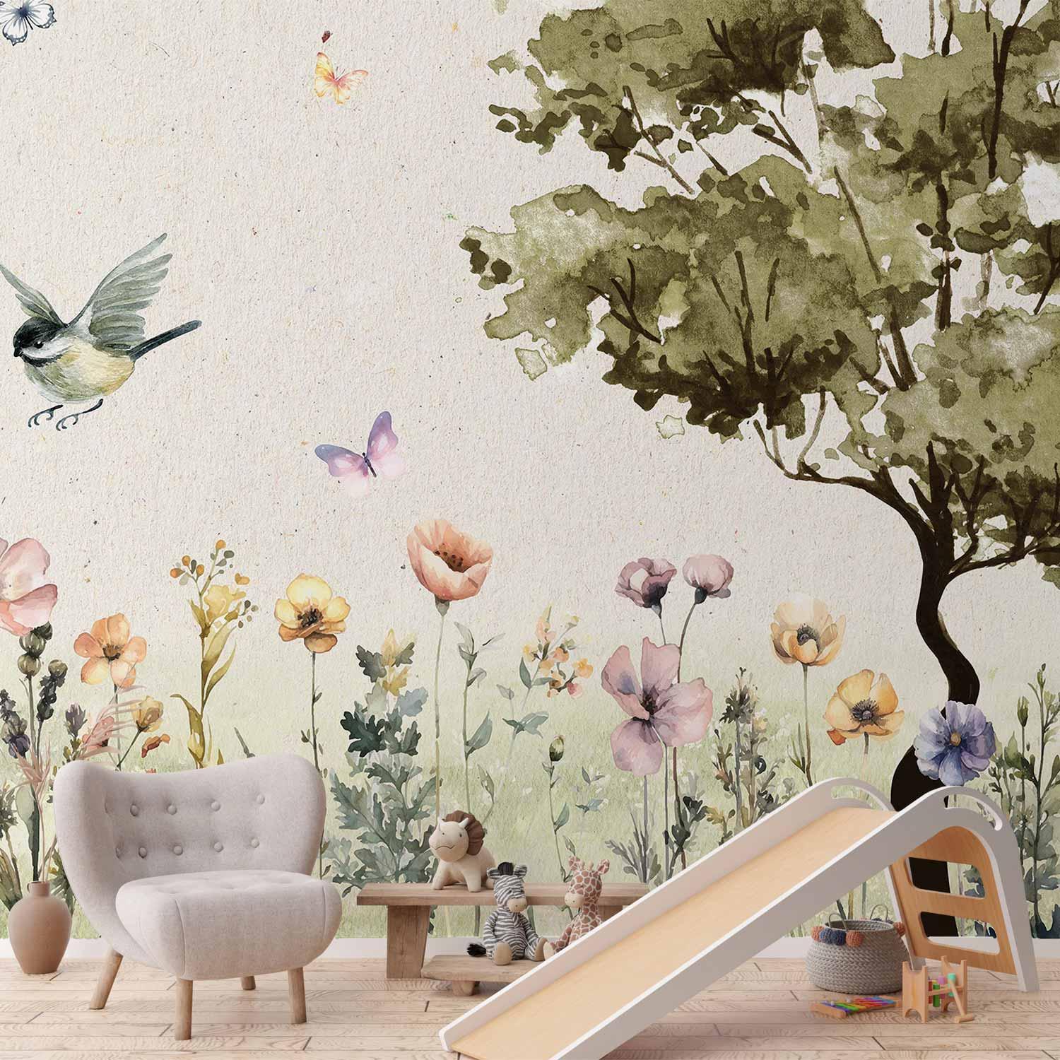 Fototapet Forårseng med Akvarelblomster til Børneværelse - 300 x 210 cm - Vandtæt